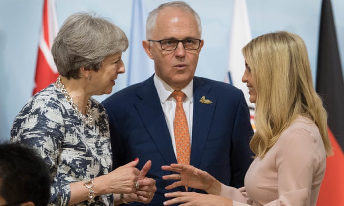 G20 meeting - GermanyPrime Minister Theresa May (left) talks with Ivanka Trump and Australian Prime Minister Malcolm Turnbull at the launch of the World Bank’s Women’s Entrepreneurship Facility Initiative on the margins of the G20 summit in Hamburg. PRESS ASSOCIATION Photo. Picture date: Saturday July 8, 2017. The new facility aims to advance womenÕs entrepreneurship and help women in developing countries gain increased access to the finance, markets, and networks necessary to start and grow a business. See PA story POLITICS G20. Photo credit should read: Stefan Rousseau/PA Wire