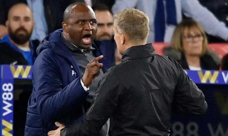 Palace manager Patrick Vieira remonstrates with fourth official Graham Scott.