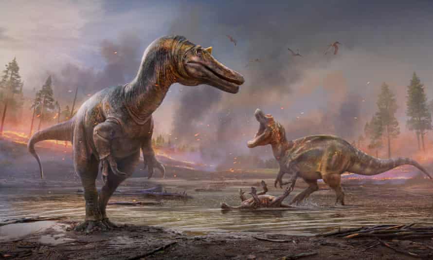 An illustration of two new species of spinosaur dinosaurs discovered on the Isle of Wight, named ‘Hell heron’ and ‘Riverbank hunter’.
