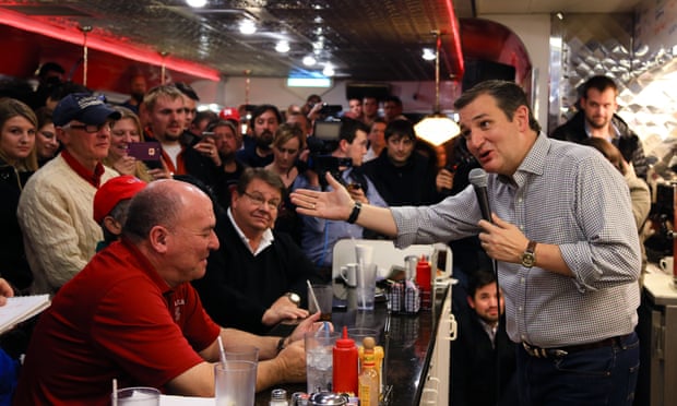 As American as apple pie: Ted Cruz campaigns at Penny’s Diner in Missouri Valley, Iowa. Voters in the state have shown little interest in the eligibility question so far.