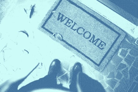 welcome mat in stylized blue and white image