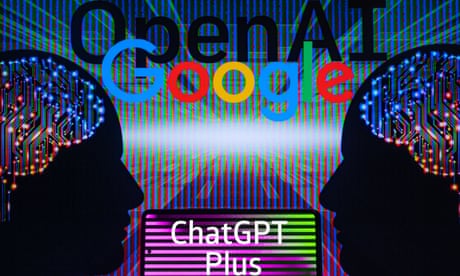 Google, OpenAI displayed on screen with ChatGPT on mobile in a photo illustration