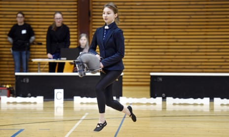 Ella Holm and hobby horse Fede compete during the Finnish hobby horsing championships in Vantaa, April 2017.
