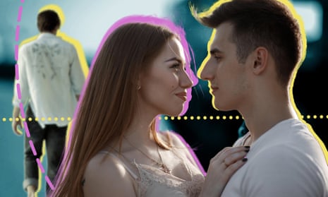 Composite of a young heterosexual looking into each other's eyes, while in the background a man walks away.
