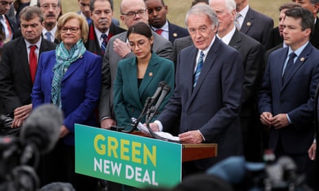 Representative Alexandria Ocasio-Cortez and Senator Ed Markey hold a news conference for their proposed Green New Deal in Washington on 7 February.