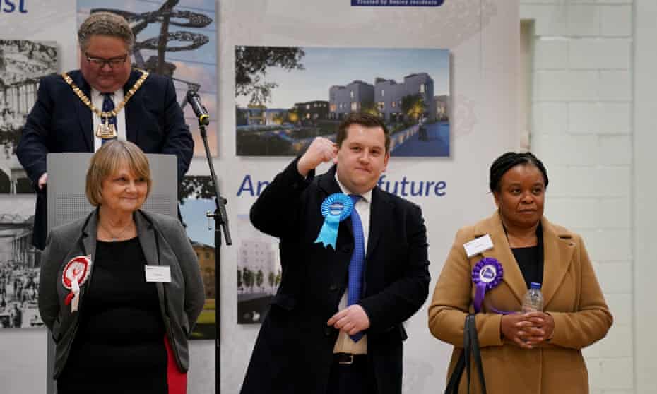 Conservative candidate Louie French celebrates victory in the Old Bexley and Sidcup by-election at Crook Log Leisure Centre in Bexleyheath, Kent.