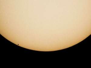Mercury, bottom left, passes in front of the sun – seen from Salgótarján, Hungary