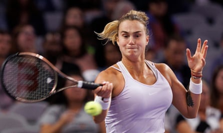 Aryna Sabalenka plays a shot against Jessica Pegula.