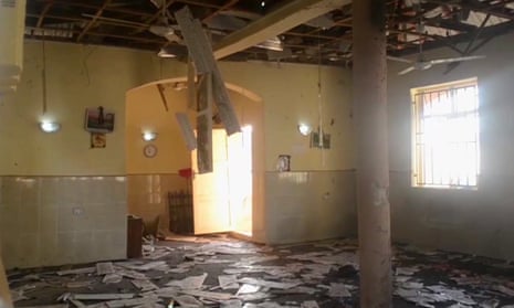 This image taken from TV, shows the interior of a mosque the attack by a suicide bomber in Mubi, Adamawa State.