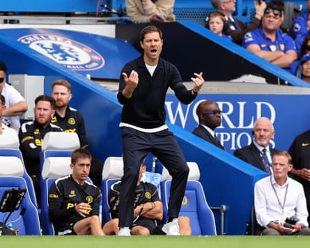 The Chelsea manager Xabi Alonso gesticulates while shouting at his players during their 4-3 Premier League win at home to Brighton.