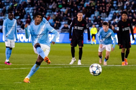 Reigan Heskey takes a penalty for Manchester City in a Uefa Youth League fixture against Bayer Leverkusen last month