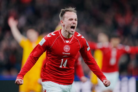 Brentford man Mikkel Damsgaard puts Denmark ahead.
