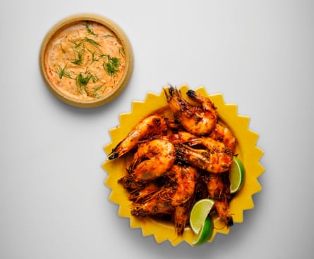 Tom Kerridge’s prawns pinch harissa mayo