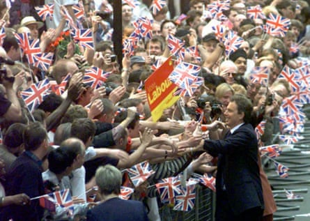 Tony Blair greets crowds after Labour’s election victory in 1997.