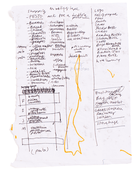 A busy shoppig list with several columns and tablets, including Lego, sketchbook, pesto, lentils and many other items, plus travel plans for Stonehenge in one corner