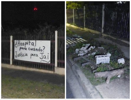 Left: A banner at Vieques’ hospital site demands to know when it will be rebuilt, and references Jaideliz Montero Ventura, a 13-year-old girl who died in 2020 after a sudden sickness. Right: Some Viequenses protest the construction delays by signing their names on cinder blocks and placing them outside the site.