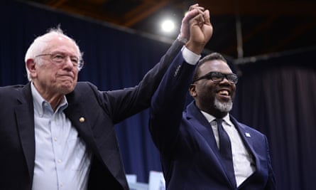 Bernie Sanders and Brandon Johnson at a rally in Chicago on 30 March.