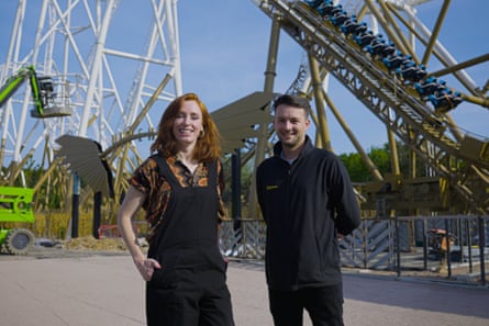 Hannah Fry and rollercoaster designer John Burton at Thorpe Park