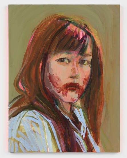 Self-portrait of the artist with long reddish-brown hair, cut in a fringe over her forehead, and blood smeared all around her mouth and cheeks.