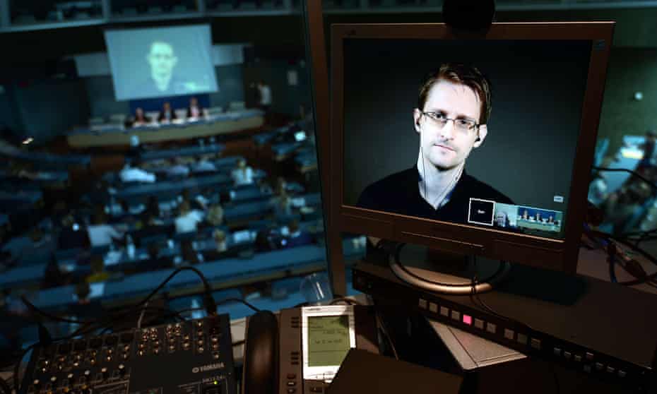 NSA former intelligence contractor Edward Snowden in a live video link from Russia during a parliamentary hearing at the Council of Europe in Strasbourg, June 2015.