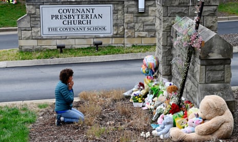 A memorial to the victims at the Covenant School in Nashville. Six people, three children and three adults, were killed in the attack.