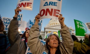 Teachers in California protest against a Wisconsin law affecting public-sector collective bargaining. Union membership among public-sector workers is about 35%.