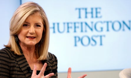 Arianna Huffington talking in front of the Huffington Post logo on a screen