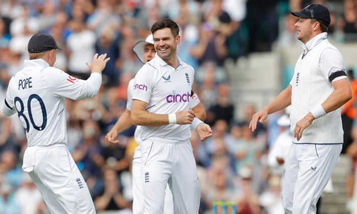 England's James Anderson is congratulated after taking the wicket of South Africa's Sarel Erwee.