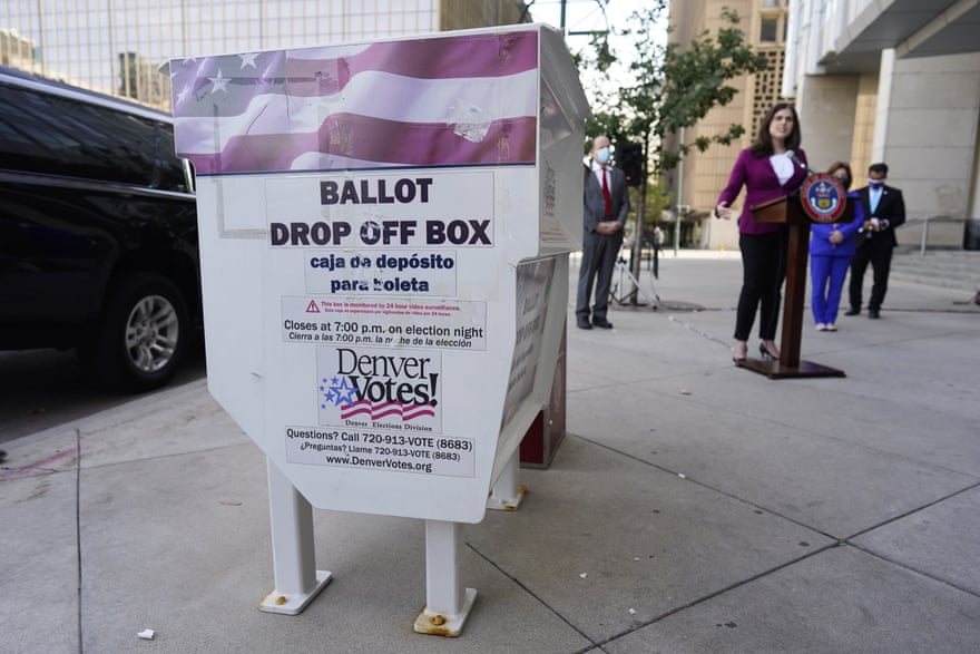 Jena Griswold speaks about the state’s efforts to protect the process of casting a vote in October 2020, in downtown Denver.