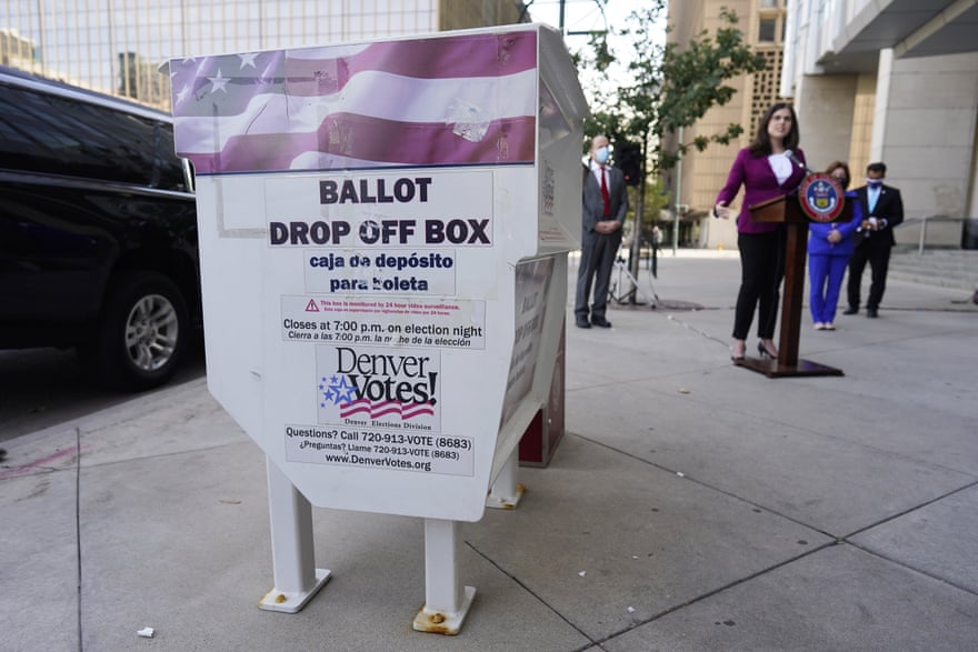 Jena Griswold speaks about the state’s efforts to protect the process of casting a vote in October 2020, in downtown Denver.