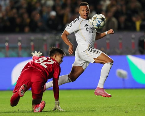 Kylian Mbappé scores in the Champions League match between Kairat and Real Madrid