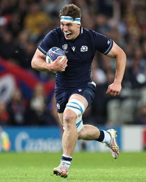 Scotland's openside flanker Rory Darge on route to scoring a try.