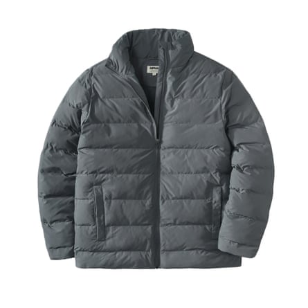 A dark grey padded jacket on a white background