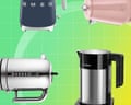 A composite of four kettles on a green background with a white grid detail