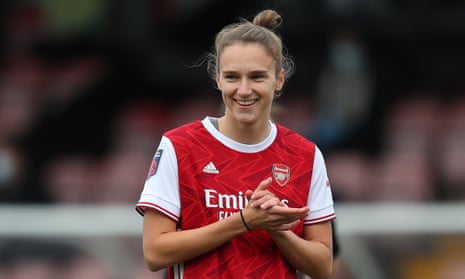 Vivianne Miedema of Arsenal smiles after scoring her hat-trick against Spurs, which took her to a record of 52 WSL league goals.