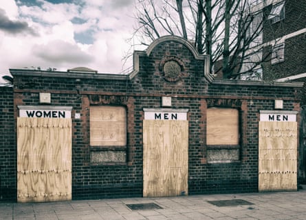 Disused public toilets / restroomsDerelict public restrooms or toilets in a Tottenham, north London, street. Two entrances for men and one for women highlights gender bias. The doors and windows are boarded-up giving the impression of abandonment and obsolescence. The building is of brick construction and a paved sidewalk.