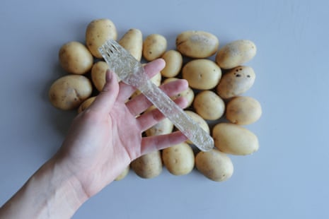 Potato Plastic is a biodegradable material made of potato starch that can be used for cutlery and straws and will decompose just two months after use.