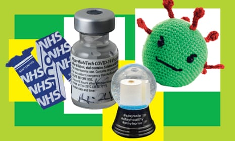 Covid-related museum items NHS scarf, vaccine vial, snow globe, crocheted virus