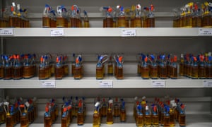 Bottles holding the medium used in vaccine development in a lab at Sinovac Biotech in Beijing, China.