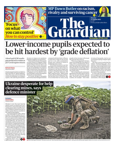 Guardian front page, Monday 14 August 2023