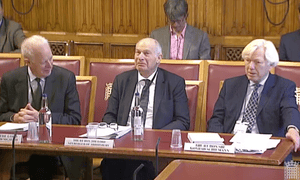 Lord Hope (left) Lord Neuberger (centre) and Sir Konrad Schiemann at the EU justice subcommittee