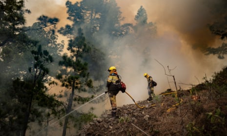 Firefighters battle a forest fire in La Palma, Canary Islands, Spain on 16 July.