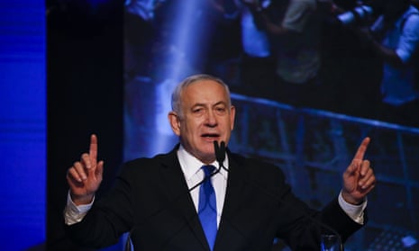Israeli prime minister Benjamin Netanyahu addressees his supporters at party headquarters after elections in Tel Aviv, Israel.