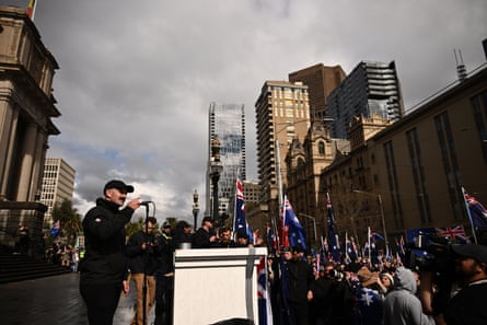 Neo-Nazi Thomas Sewell speaks to protesters