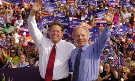 Joe Lieberman, right, as vice-presidential candidate with Al Gore at a campaign rally in Jackson, Tennessee, in 2000.