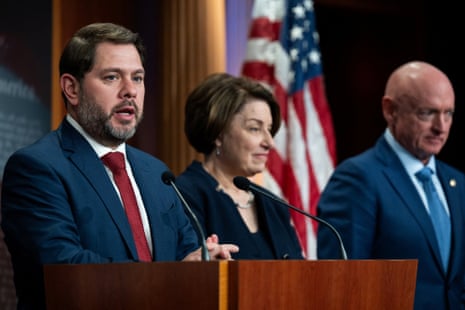 Senator Ruben Gallego, an Arizona Democrat, spoke last week at a news conference, alongside his colleagues Amy Klobuchar and Mark Kelly.