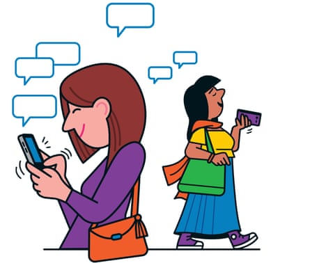 Illustration of two women walking apart, each looking at her phone