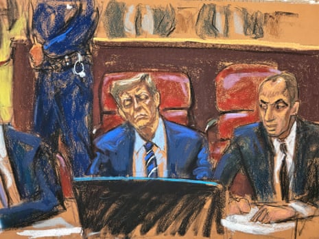 Donald Trump sits at the defence table beside his lawyer Emil Bove in Manhattan state court in New York City, 16 April 2024 in this courtroom sketch.