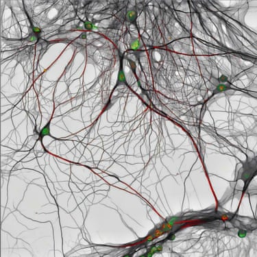 14-day-old mouse hippocampal neurons showing nuclei (green) and synaptic proteins (red)