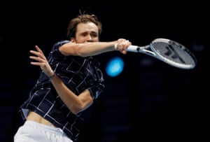 Daniil Medvedev fires a forehand.